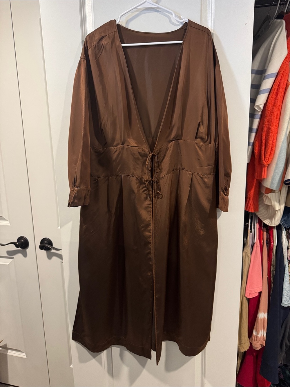 Brown Satin Long Sleeve Tie-Front duster